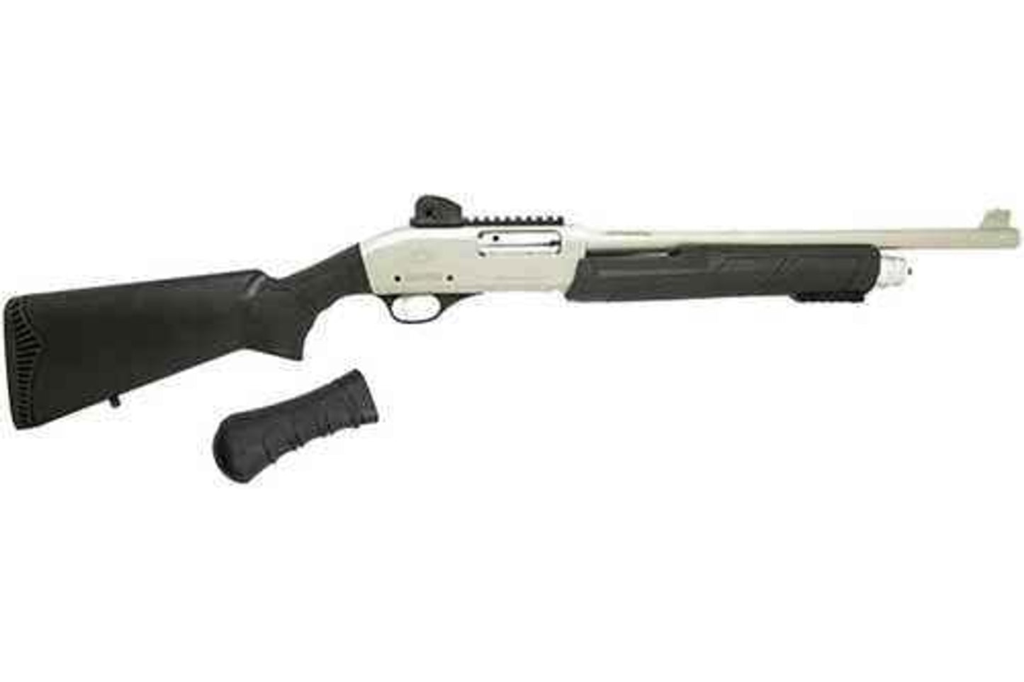 Black Ace Tactical Pro Series X Pump Shotgun 12 ga. 18.5 in. barrel 3 chamber 4 round capacity Two Tone silver finish RH