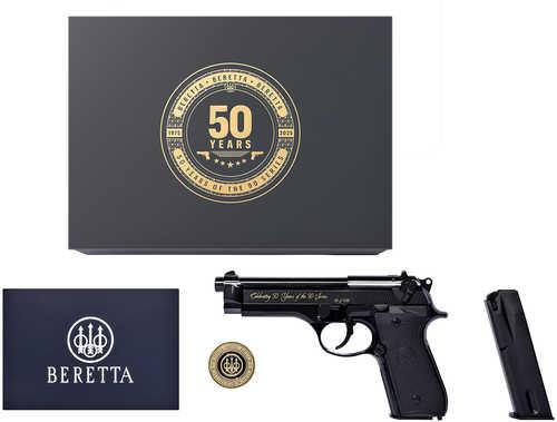 Beretta USA 92SB Repro 50th Anniversary 9mm Luger 15+1 4.90" Blued Barrel, Polished Blued Engraved/Serrated Slide, Polished AFALSEdized Aluminum Frame w/Beavertail, Black G10 Grip
