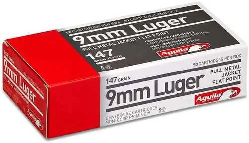 Red and black box of Aguila 9mm Luger full metal jacket ammunition
