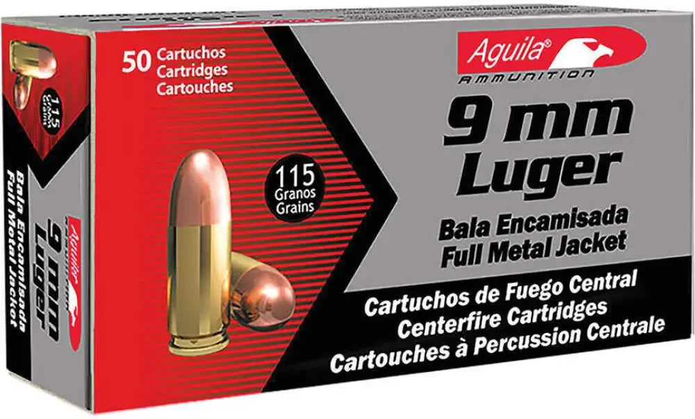 Aguila 9mm Luger 115 Grain FMJ ammo box for target shooting