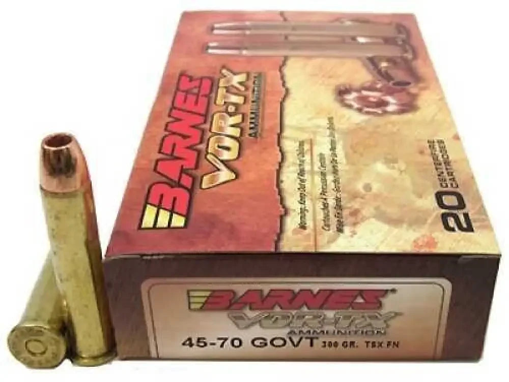 Barnes 45-70 Govt 300gr TSX-FN ammo box with brass bullet, superior stopping power