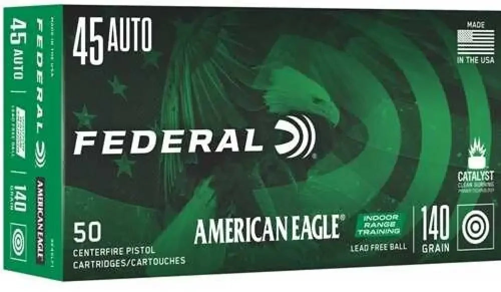 Federal American Eagle 45 ACP ammunition, lead free 137 grain full metal jacket, 50 rounds