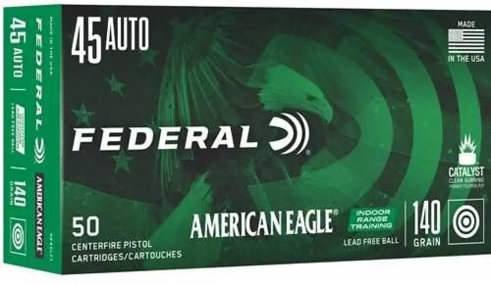 Federal American Eagle 45 ACP ammunition, lead free 137 grain full metal jacket, 50 rounds
