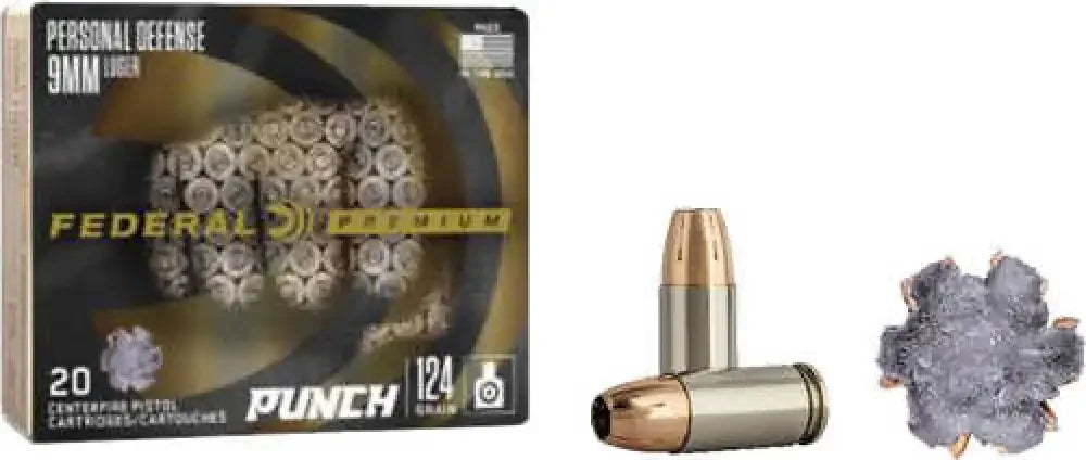 Federal Punch 9mm Luger 124gr JHP ammo box with cartridge and spent casing