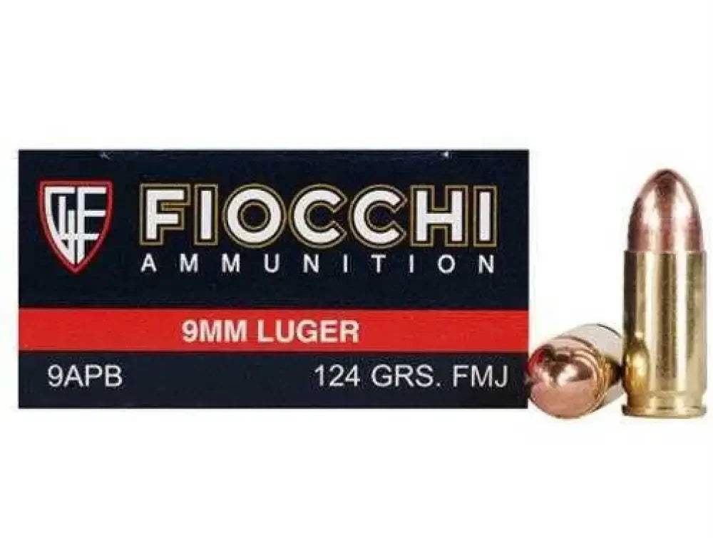 Fiocchi 9mm Luger ammo with brass casing and copper-jacketed bullet