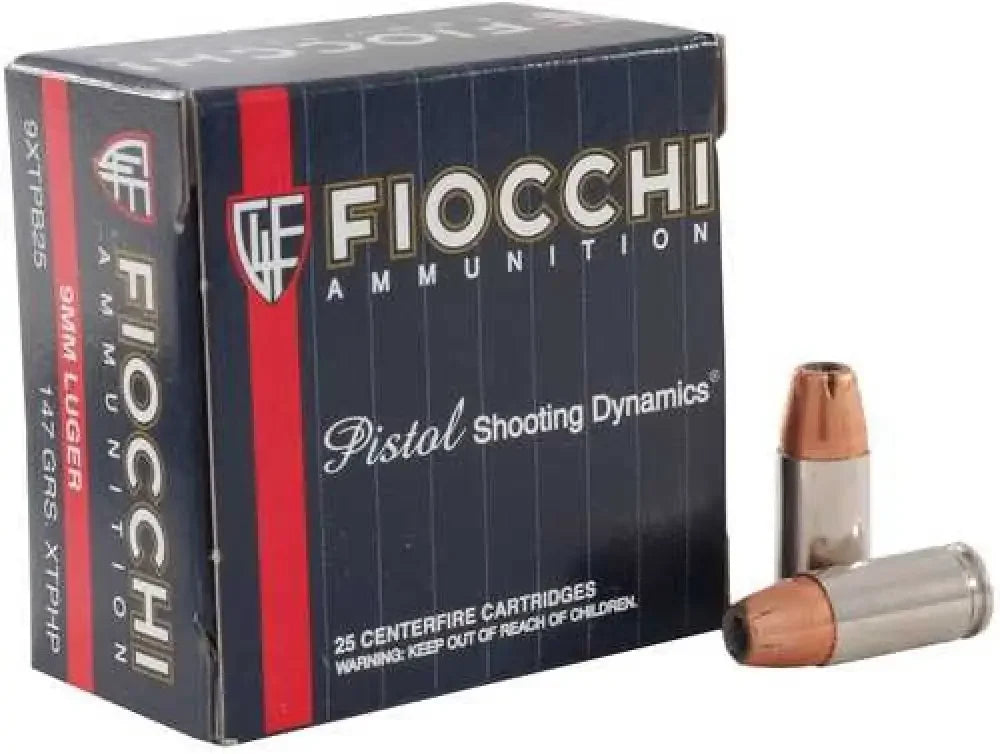 Fiocchi 9mm Luger 147 grain hollow point ammo box with 25 copper-jacketed rounds
