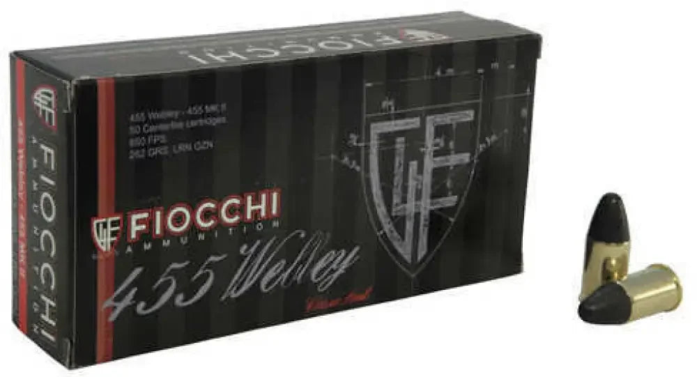 Fiocchi 455 Webley ammunition box with 262 grain lead round nose cartridges