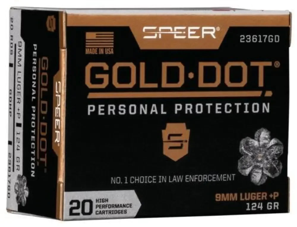 Speer Gold Dot 9mm 124 grain hollow point ammo in black gold box