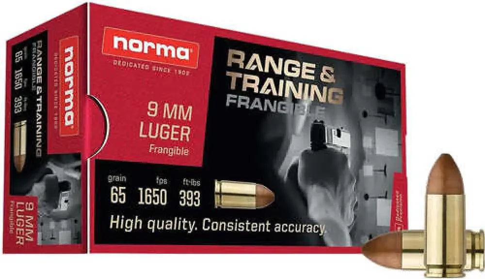 Norma range frangible ammo box with red black design and gold-tipped 65 gr bullets