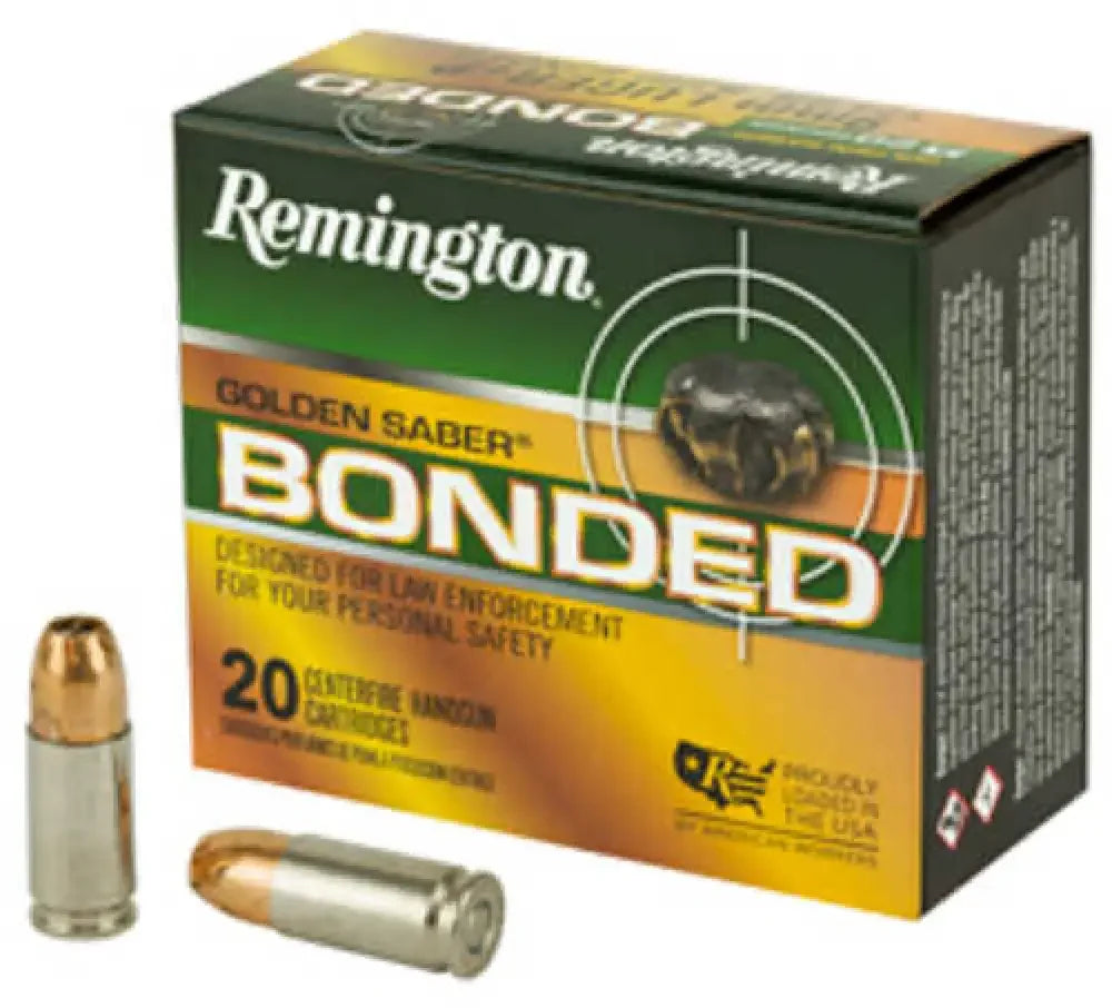 Remington Golden Saber 9mm 124 grain JHP ammo box with bullets