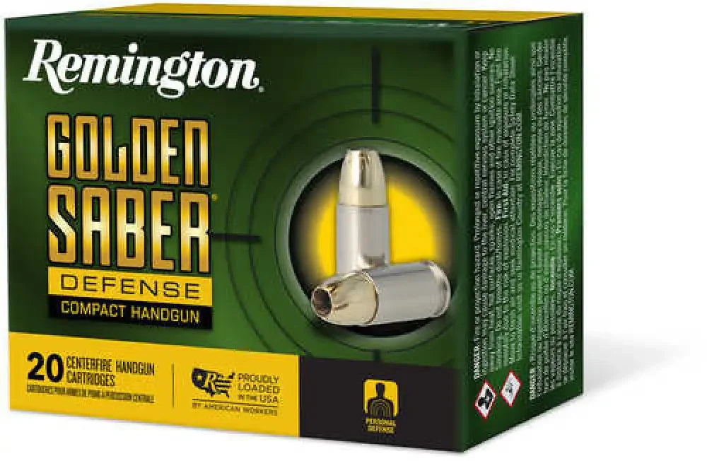 Remington Golden Saber Defense compact 9mm Luger handgun cartridges in green box