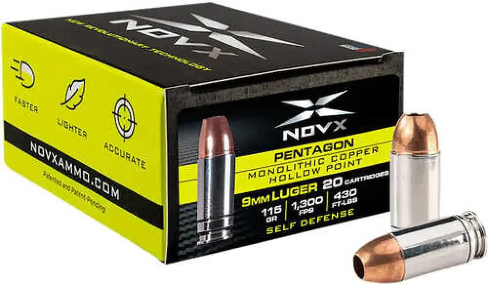 NovX 9mm Luger 115 grain hollow point monolithic copper ammo box