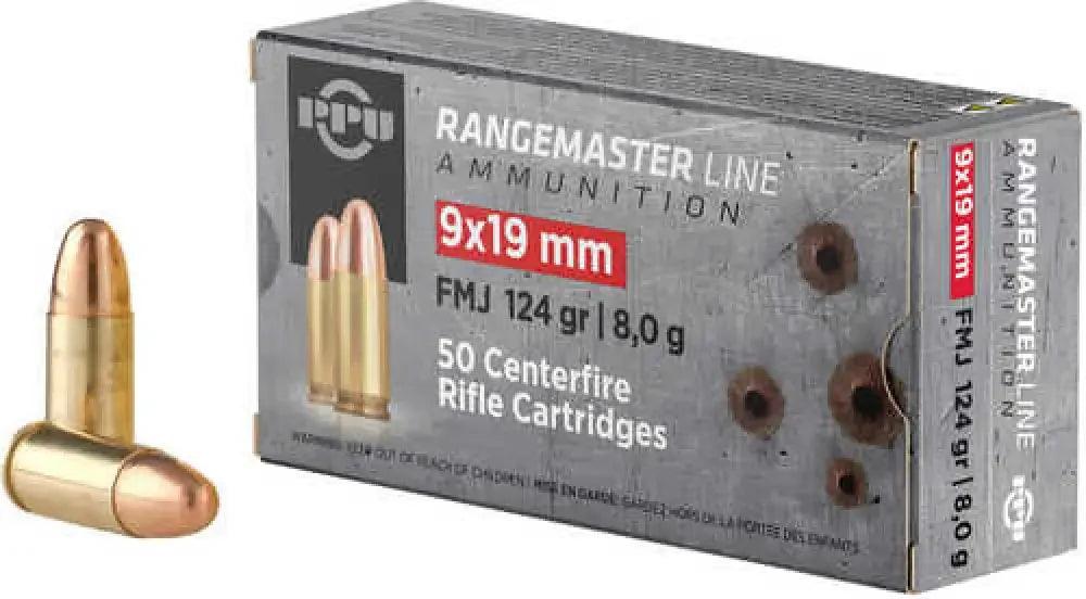 PPU Rangemaster 9x19mm 124gr FMJ brass cartridges in bulk pack