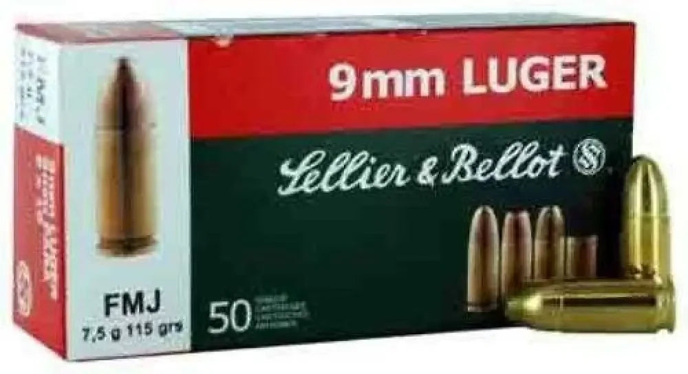 Sellier & Bellot 9mm Luger 124 Grain FMJ ammo box, 50 rounds