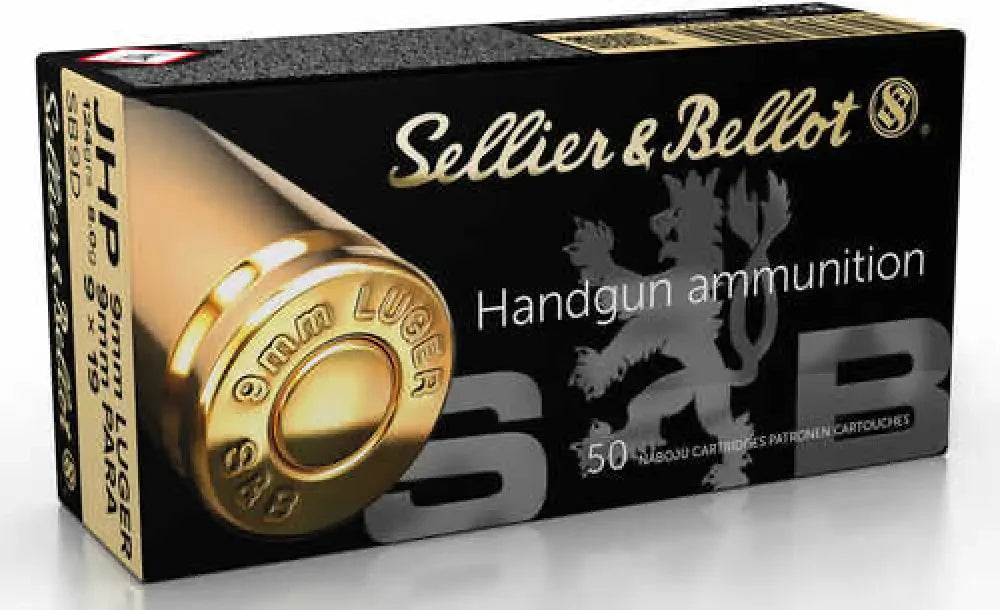 Black and gold Sellier & Bellot 9mm Luger jacketed hollow point ammo box