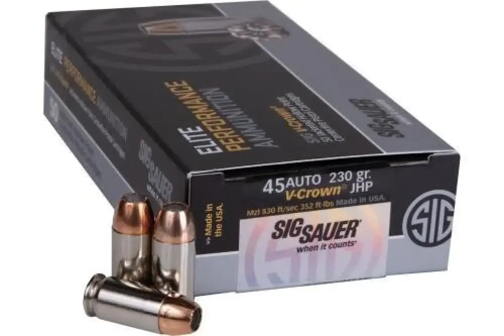 Sig Sauer E45AP250 hollow point 45 ACP ammo in black box