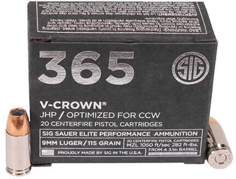 Sig Sauer Elite V-Crown 9mm black box with silver copper bullets