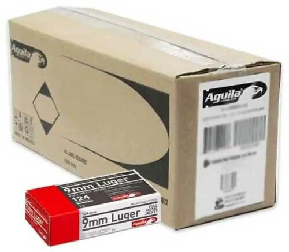Red and white box of Aguila 9mm Luger 1000 rounds ammunition