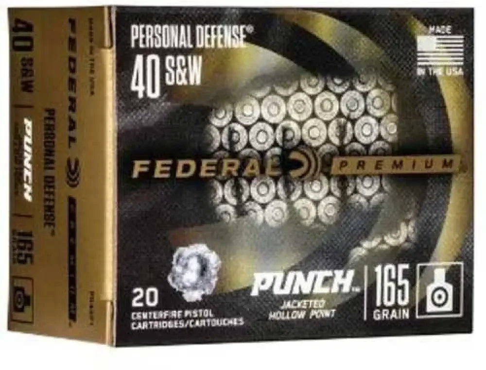 Federal Punch 40 S&W 165 Grain JHP black and gold ammo box