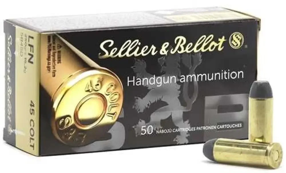 Sellier & Bellot 45 Colt ammunition 250 grain lead flat nose box with brass cartridges