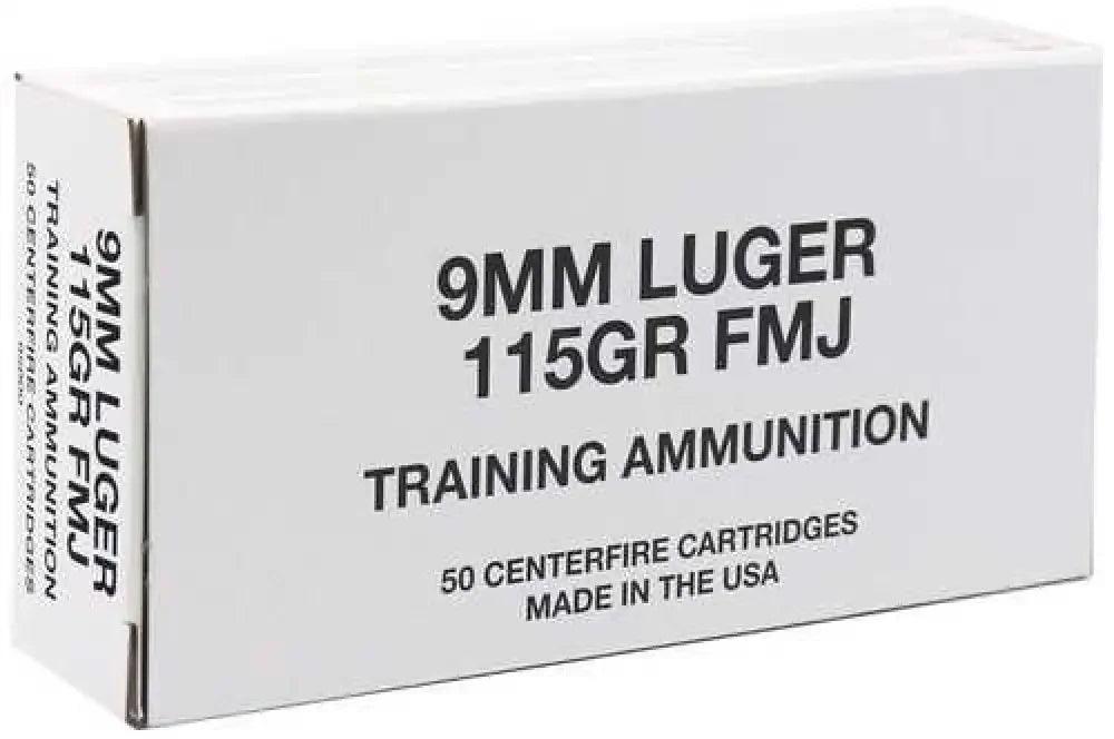 CCI 9mm Luger 115gr FMJ ammo box with 50 centerfire cartridges