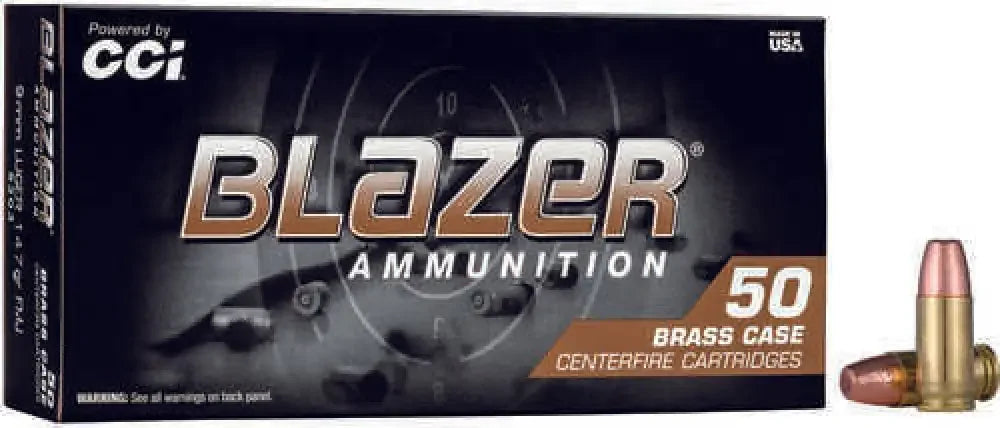CCI Blazer Brass 9mm Luger 50-round box with copper-tipped FMJ bullets