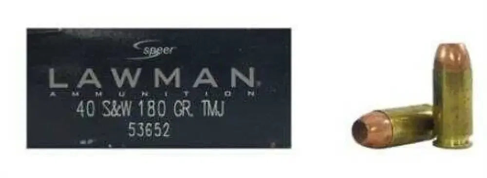 CCI Speer Lawman 40 S&W 180 Grain TMJ ammo box with bullets