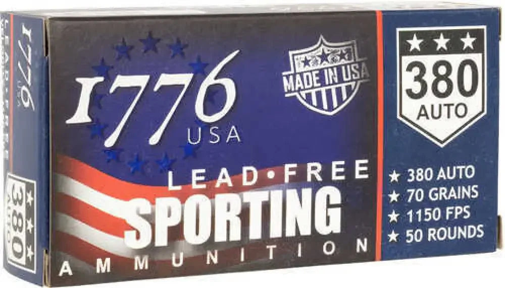 1776 USA lead free .380 ACP ammo in blue red box