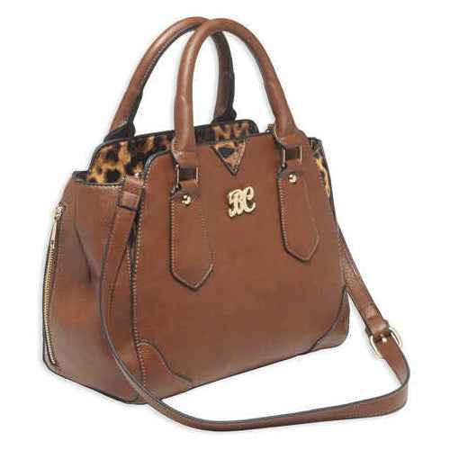 Bulldog Cases Satchel Style Purse Leather Universal Fit Holster Included Chestnut w/Leopard Trim BDP-024