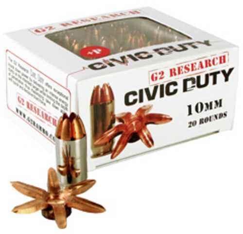 G2 Research Civic Duty 10MM 122 Grain Lead Free Copper 20 Round Box California Certified FALSEnlead Ammunition G00622