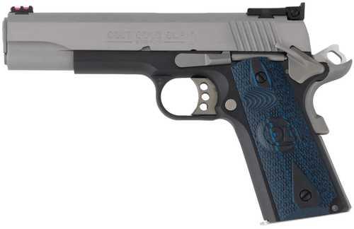 Colt Gold Cup 38 Super 9+1 5" Stainless National Match Barrel, Brushed Stainless Steel Serrated Slide, Black/Stainless Steel Frame w/Beavertail, Blue Scalloped G10 Grip, Ambidextrous