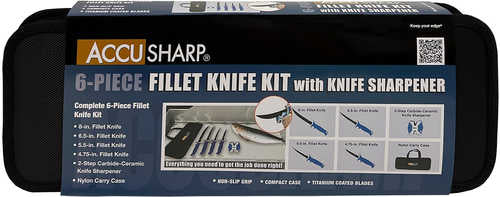 AccuSharp 737C Knife Kit 4.75/5.50/6.50/8" Fixed Fillet Plain Satin Stainless Steel Blade/ Blue FALSEn-Slip Grip TPR Handle