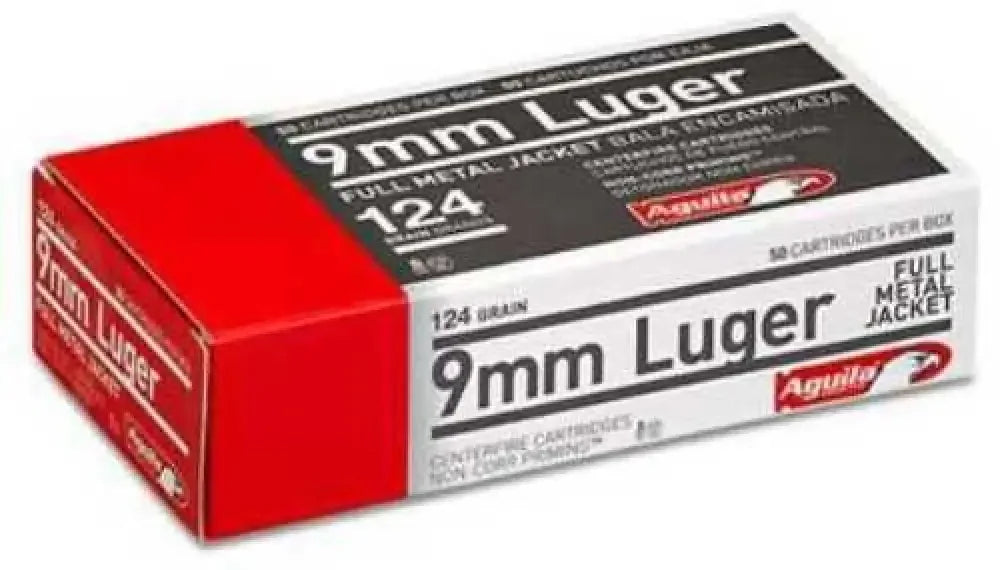 Aguila 9mm Luger 124 grain FMJ ammo box, 50 rounds