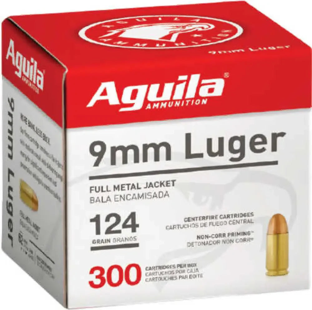 Aguila range 9mm luger 300 FMJ cartridges in red white box