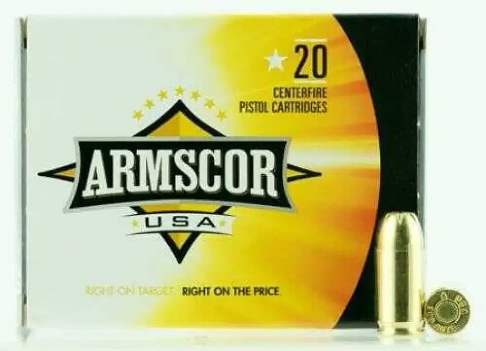 Armscor 380 ACP 95 grain jacketed hollow point ammo box with brass bullets