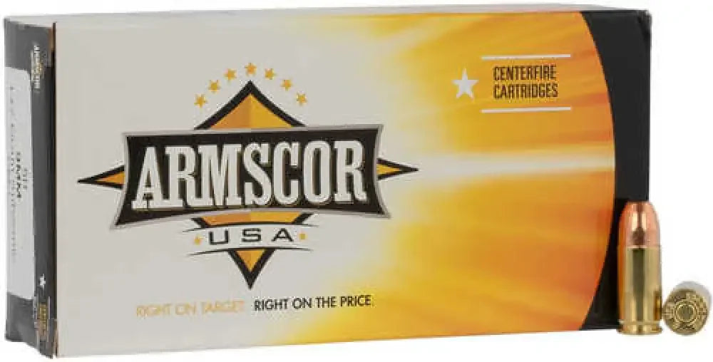 Armscor 9mm Luger 147gr FMJ ammo box with brass cartridges