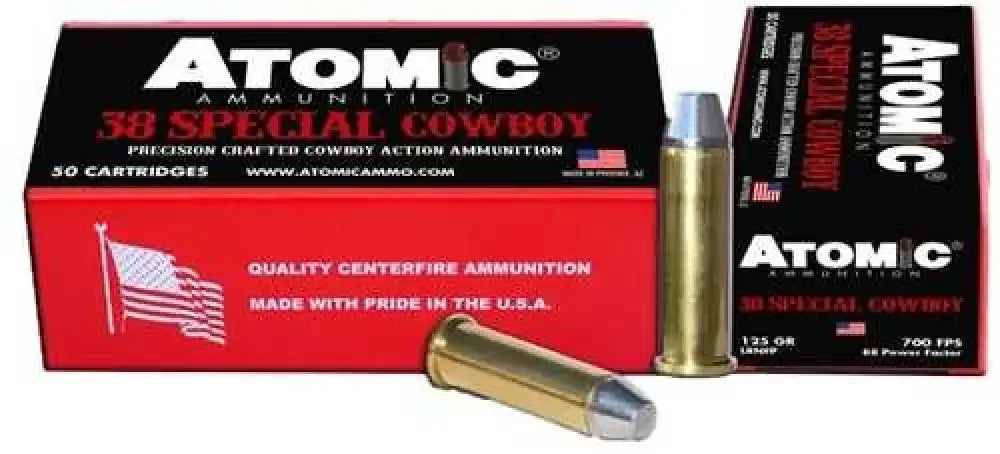 Atomic 38 Special 125 grain lead ammo in red black reusable plastic box