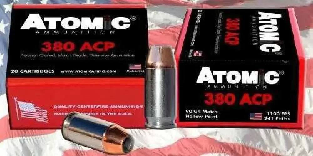 Atomic 380 ACP 90 grain hollow point ammo with red black boxes