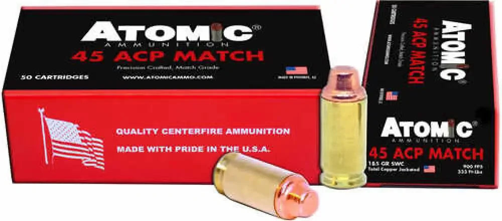 Atomic 448 Match 45 ACP semi wadcutter ammo with red black box gold-tipped bullets