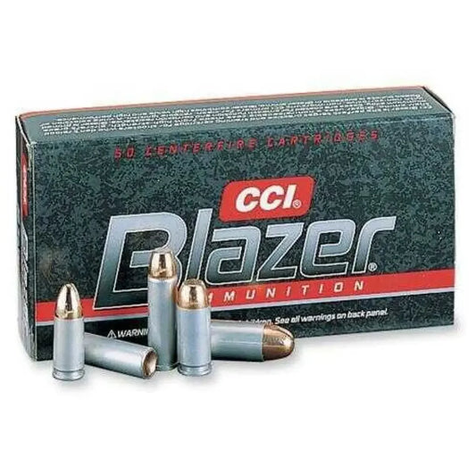 Black and red Blazer 9mm Luger ammunition box with silver bullets