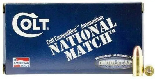 Colt 9mm Luger 124 grain FMJ ammo box with gold bullet and brass casing