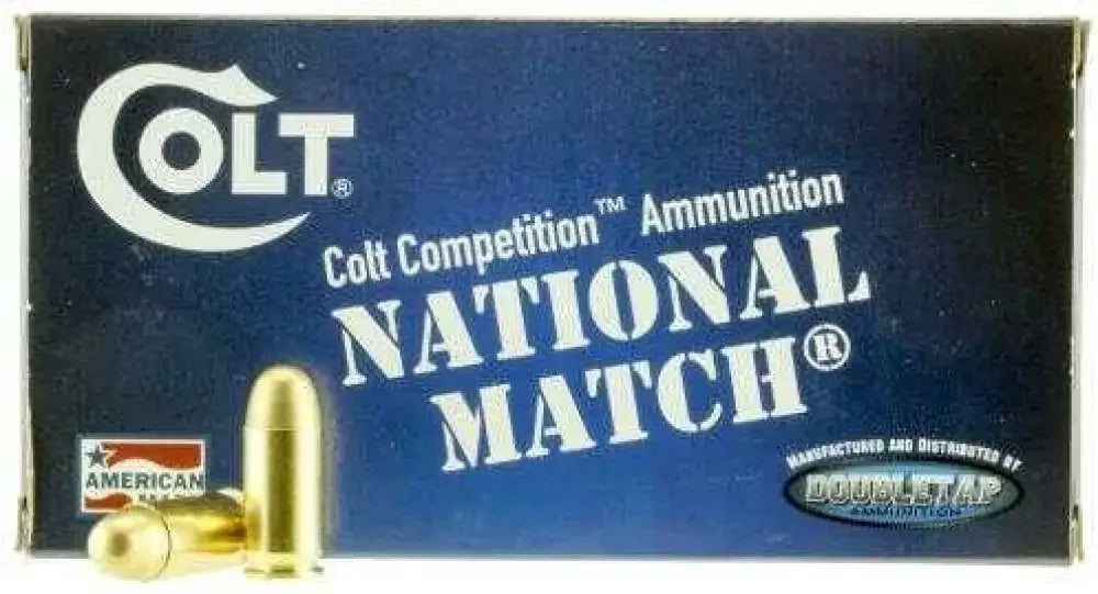 Colt national match 45 ACP FMJ ammo in blue box with gold bullets