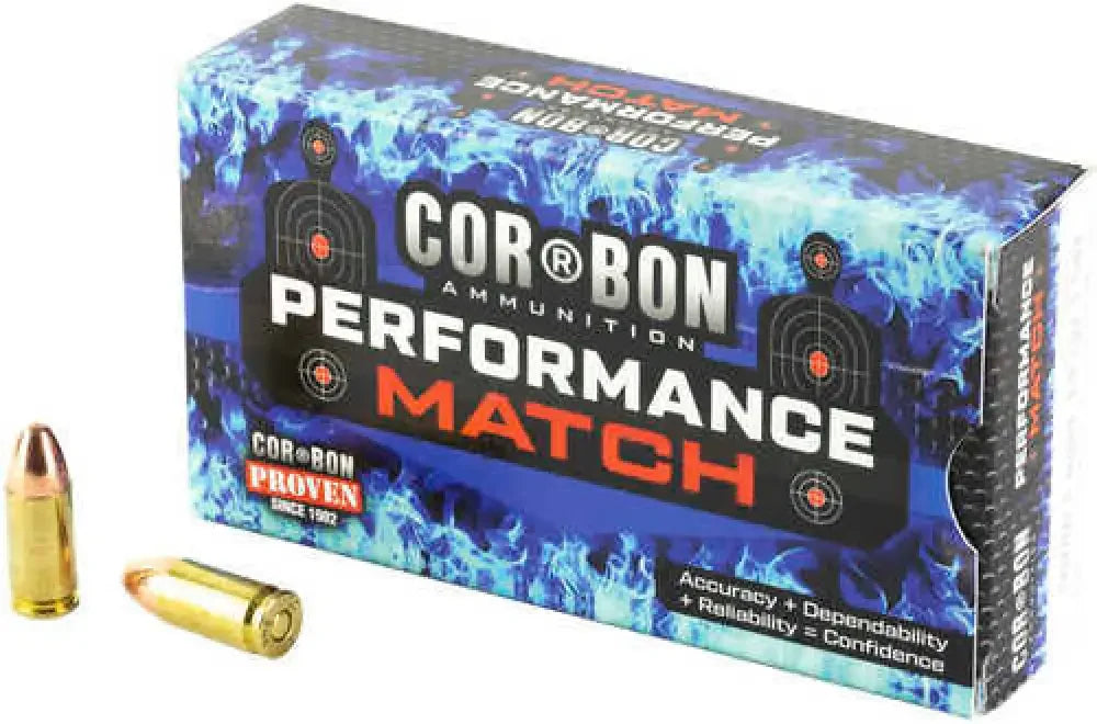 Corbon PM 9mm 147 grain full metal jacket ammo box with flame design