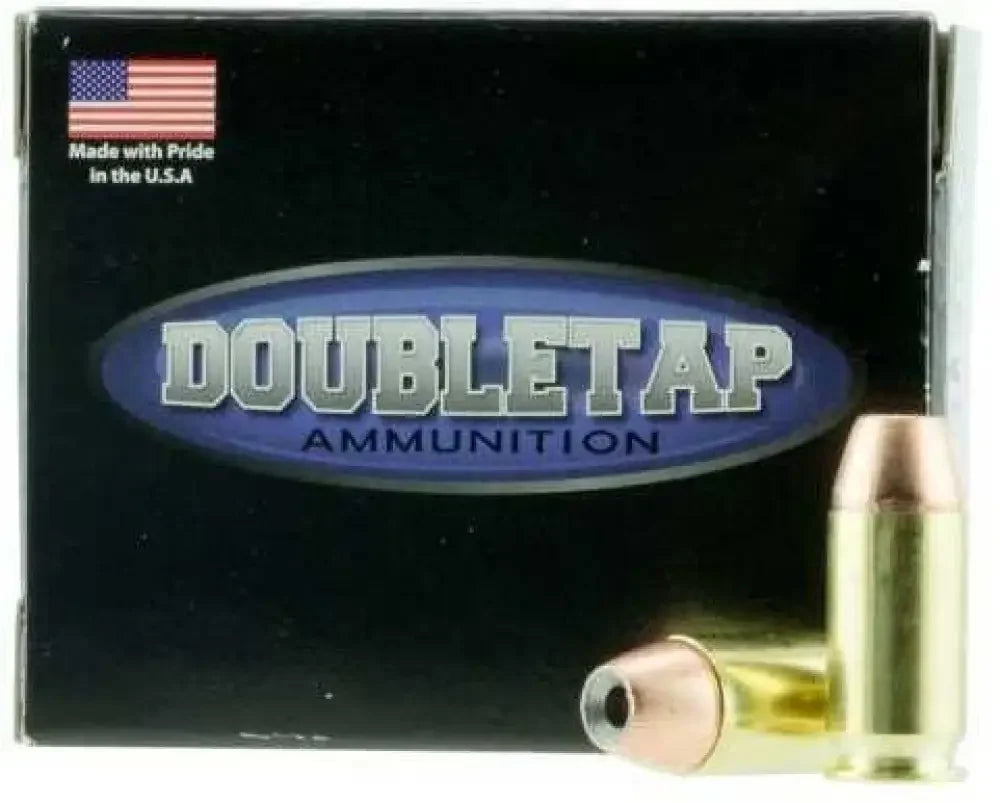 DoubleTap 45 ACP 185 grain hollow point ammunition box with brass bullets