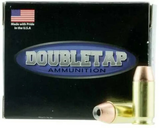 DoubleTap 45 ACP 185 grain hollow point ammunition box with brass bullets