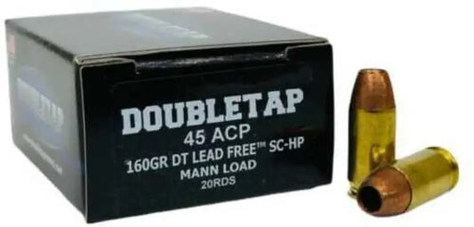 DoubleTap 45 ACP 160 gr lead free hollow point ammo box with gold bullets