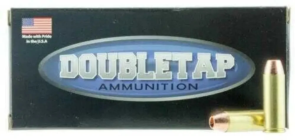 DoubleTap 45 Colt ammo box with low muzzle flash bullets on black background