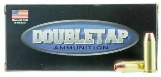 DoubleTap 45 Colt ammo box with low muzzle flash bullets on black background