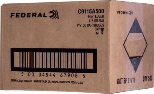 Federal 9mm Luger 115gr FMJ cartridges in brown cardboard box