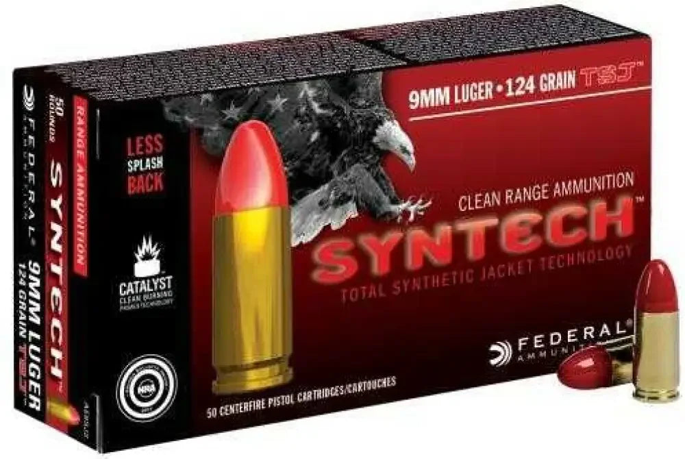 Federal cartridge 9mm luger syntech ammo box with gold-tipped bullet